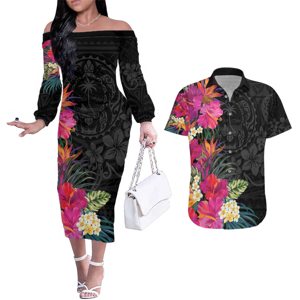 Hafa Adai Guam Couples Matching Off The Shoulder Long Sleeve Dress and Hawaiian Shirt Tropical Flowers Colorful Vibes