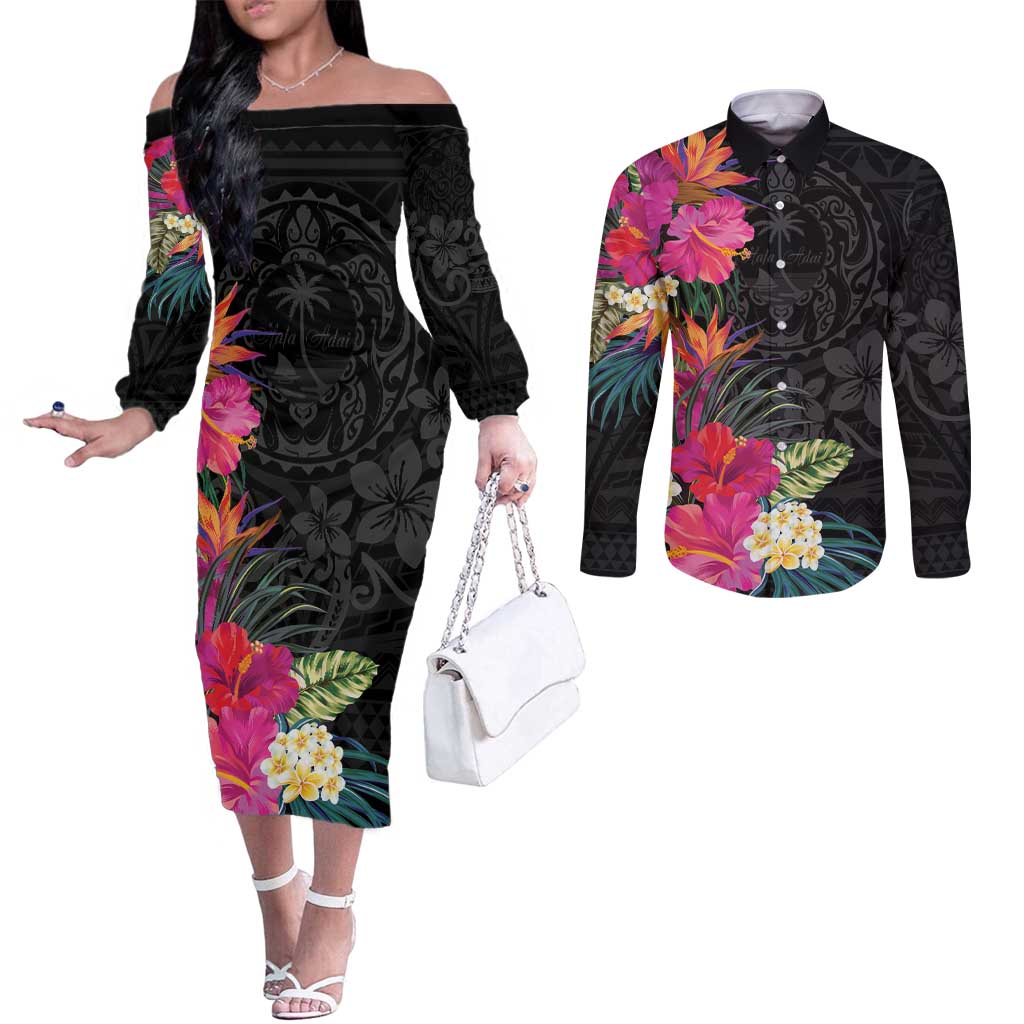 Hafa Adai Guam Couples Matching Off The Shoulder Long Sleeve Dress and Long Sleeve Button Shirt Tropical Flowers Colorful Vibes