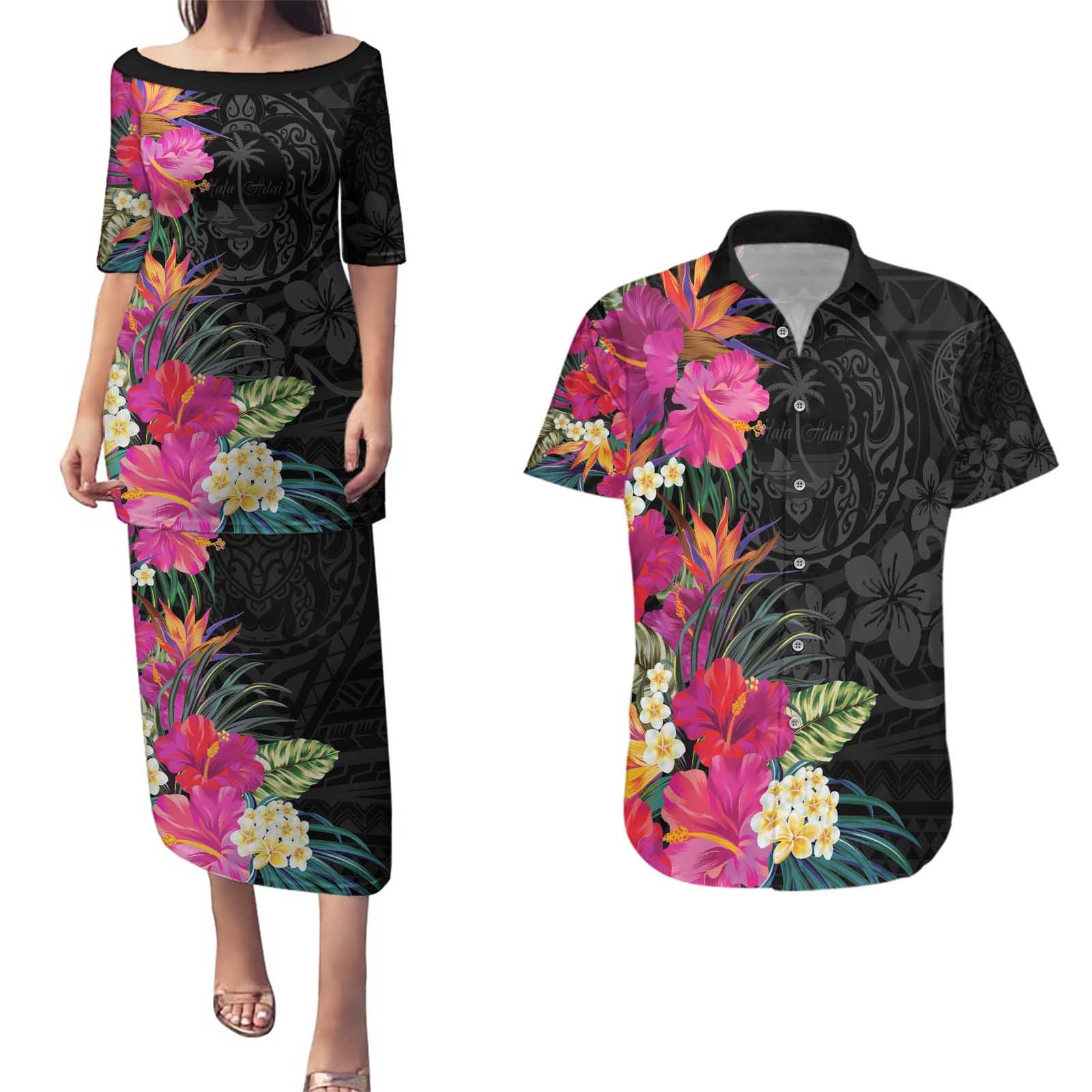 Hafa Adai Guam Couples Matching Puletasi and Hawaiian Shirt Tropical Flowers Colorful Vibes LT9 Black - Polynesian Pride