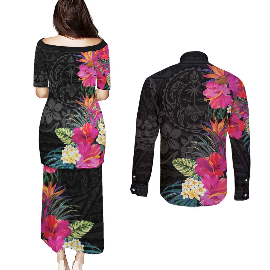Hafa Adai Guam Couples Matching Puletasi and Long Sleeve Button Shirt Tropical Flowers Colorful Vibes LT9 - Polynesian Pride