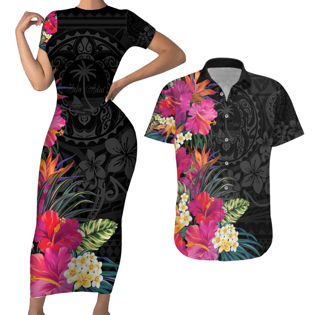Hafa Adai Guam Couples Matching Short Sleeve Bodycon Dress and Hawaiian Shirt Tropical Flowers Colorful Vibes