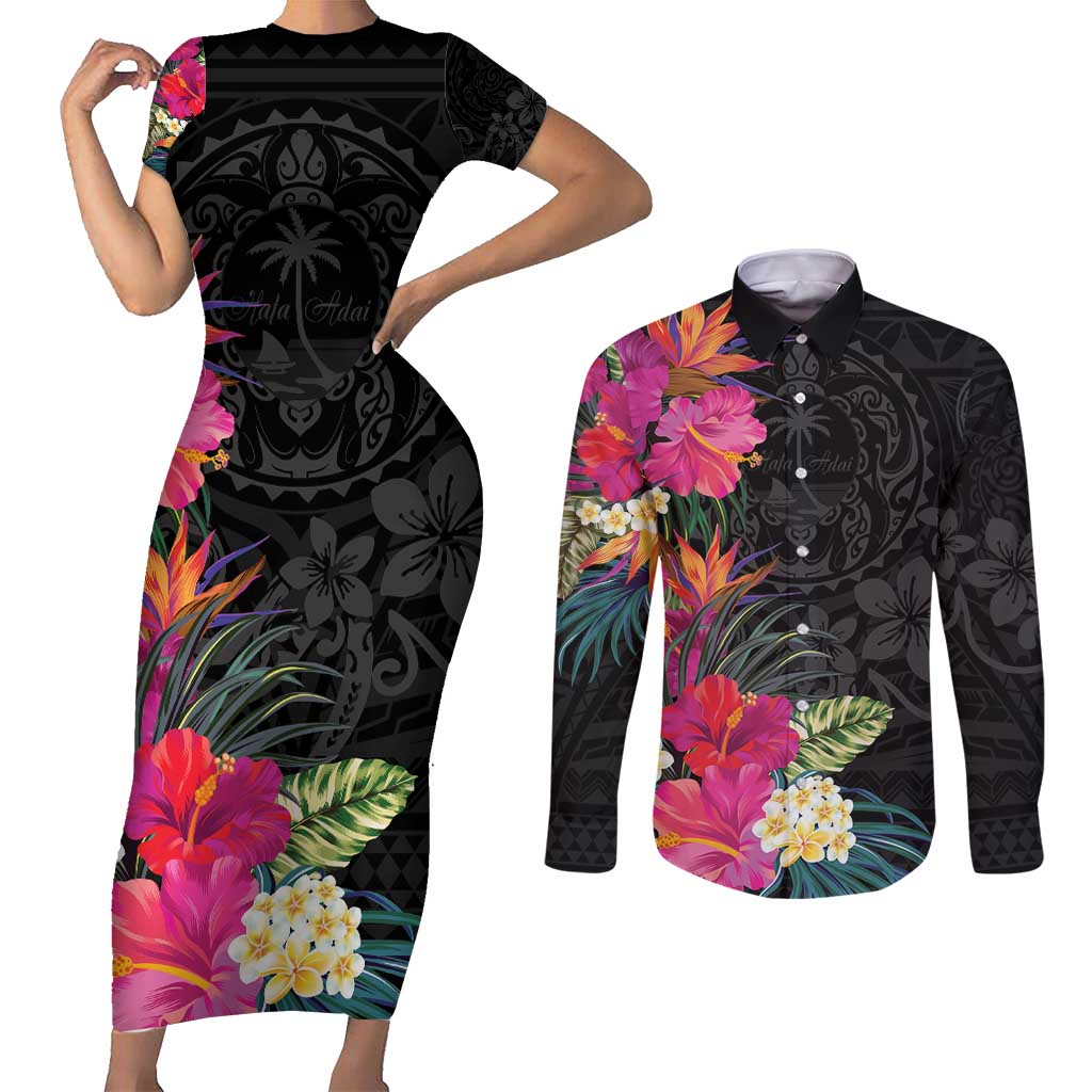 Hafa Adai Guam Couples Matching Short Sleeve Bodycon Dress and Long Sleeve Button Shirt Tropical Flowers Colorful Vibes