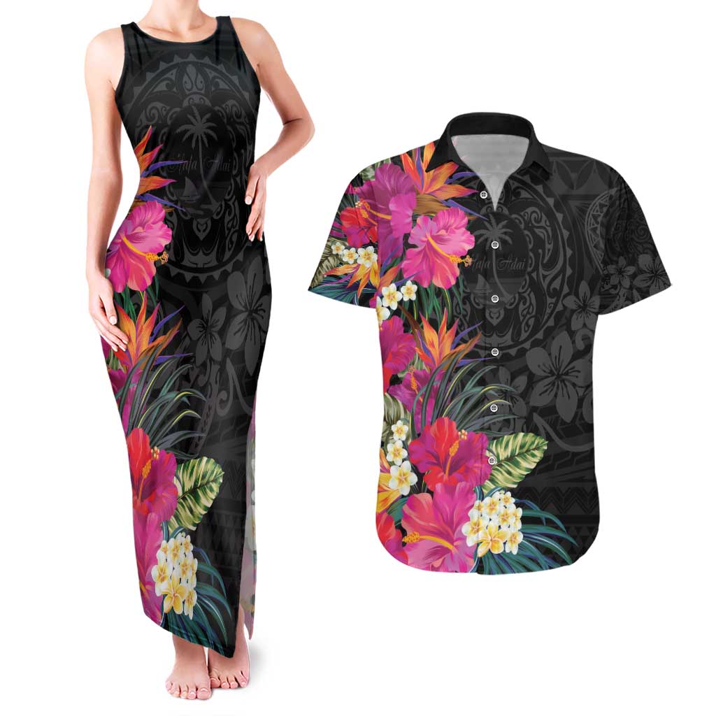 Hafa Adai Guam Couples Matching Tank Maxi Dress and Hawaiian Shirt Tropical Flowers Colorful Vibes