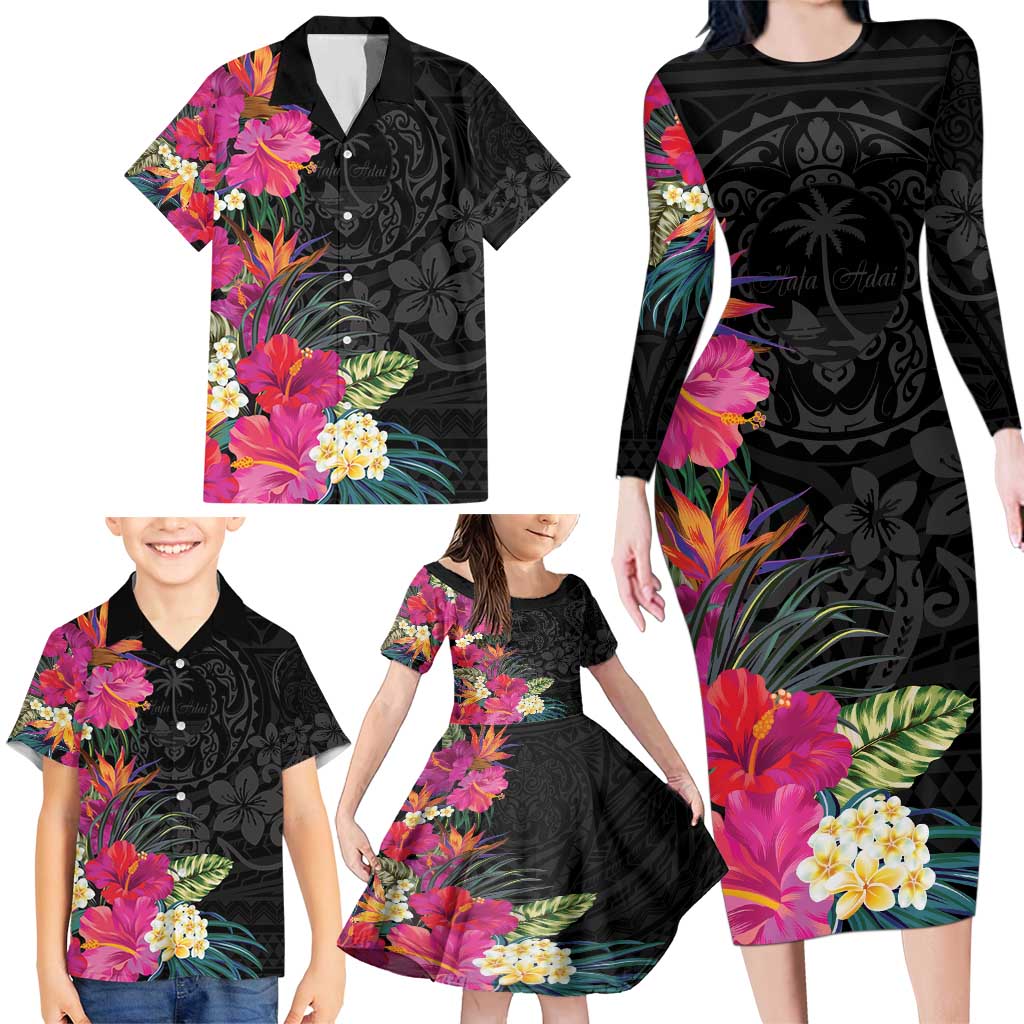 Hafa Adai Guam Family Matching Long Sleeve Bodycon Dress and Hawaiian Shirt Tropical Flowers Colorful Vibes