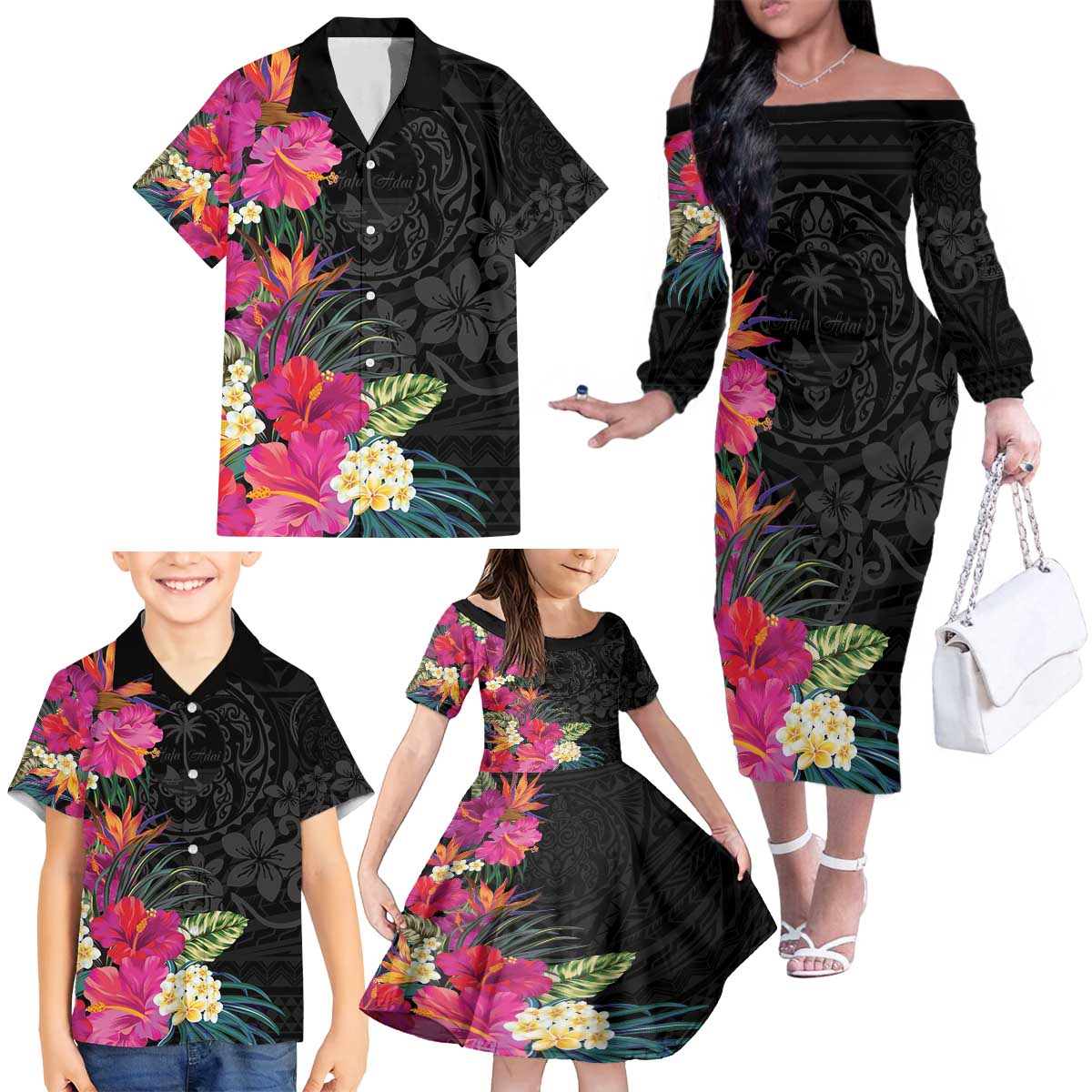 Hafa Adai Guam Family Matching Off The Shoulder Long Sleeve Dress and Hawaiian Shirt Tropical Flowers Colorful Vibes