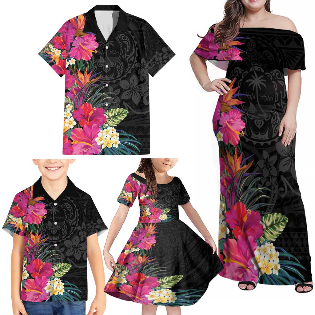 Hafa Adai Guam Family Matching Off Shoulder Maxi Dress and Hawaiian Shirt Tropical Flowers Colorful Vibes