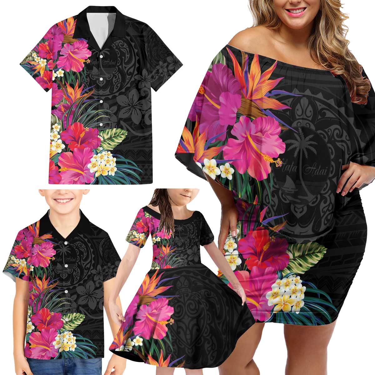 Hafa Adai Guam Family Matching Off Shoulder Short Dress and Hawaiian Shirt Tropical Flowers Colorful Vibes