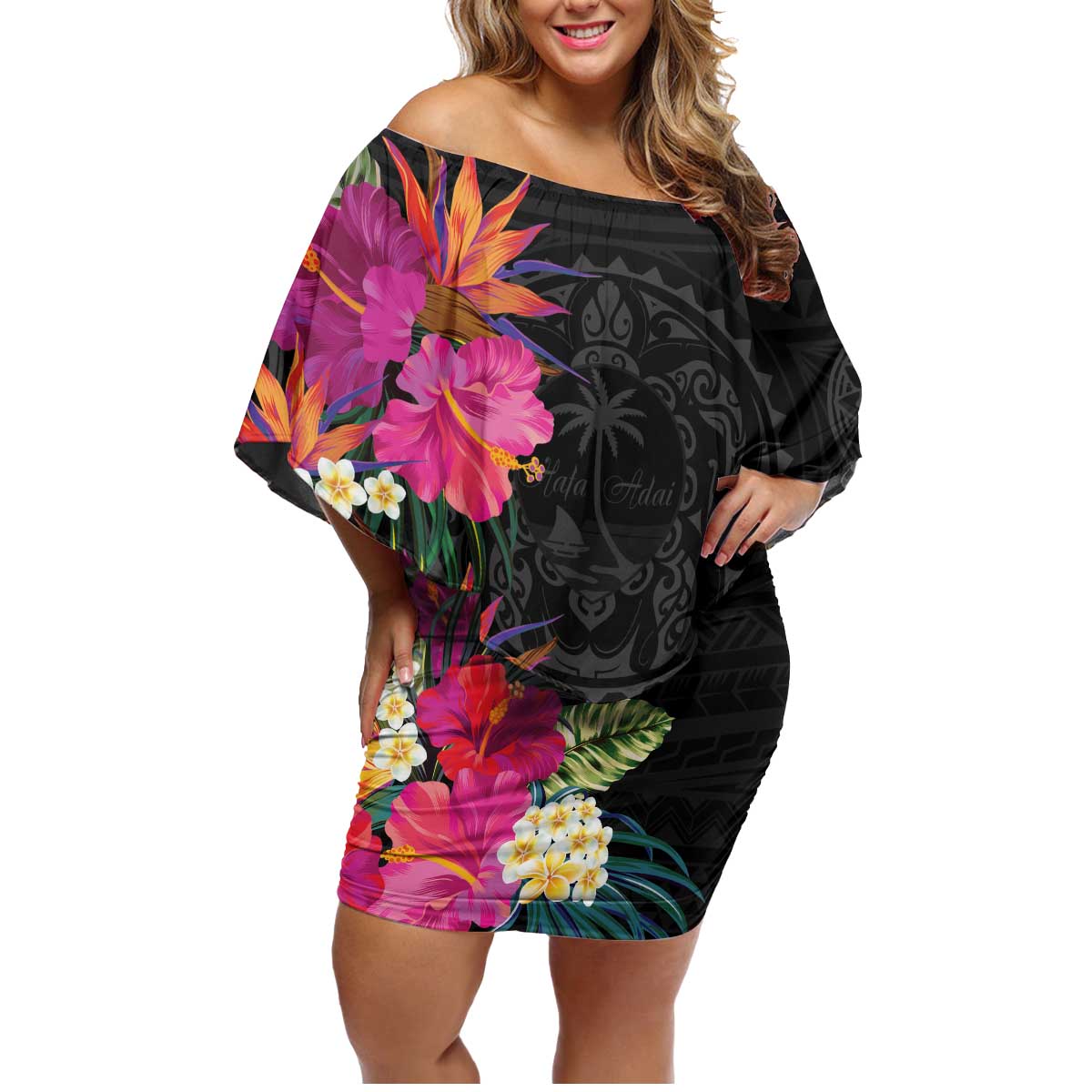 Hafa Adai Guam Family Matching Off Shoulder Short Dress and Hawaiian Shirt Tropical Flowers Colorful Vibes