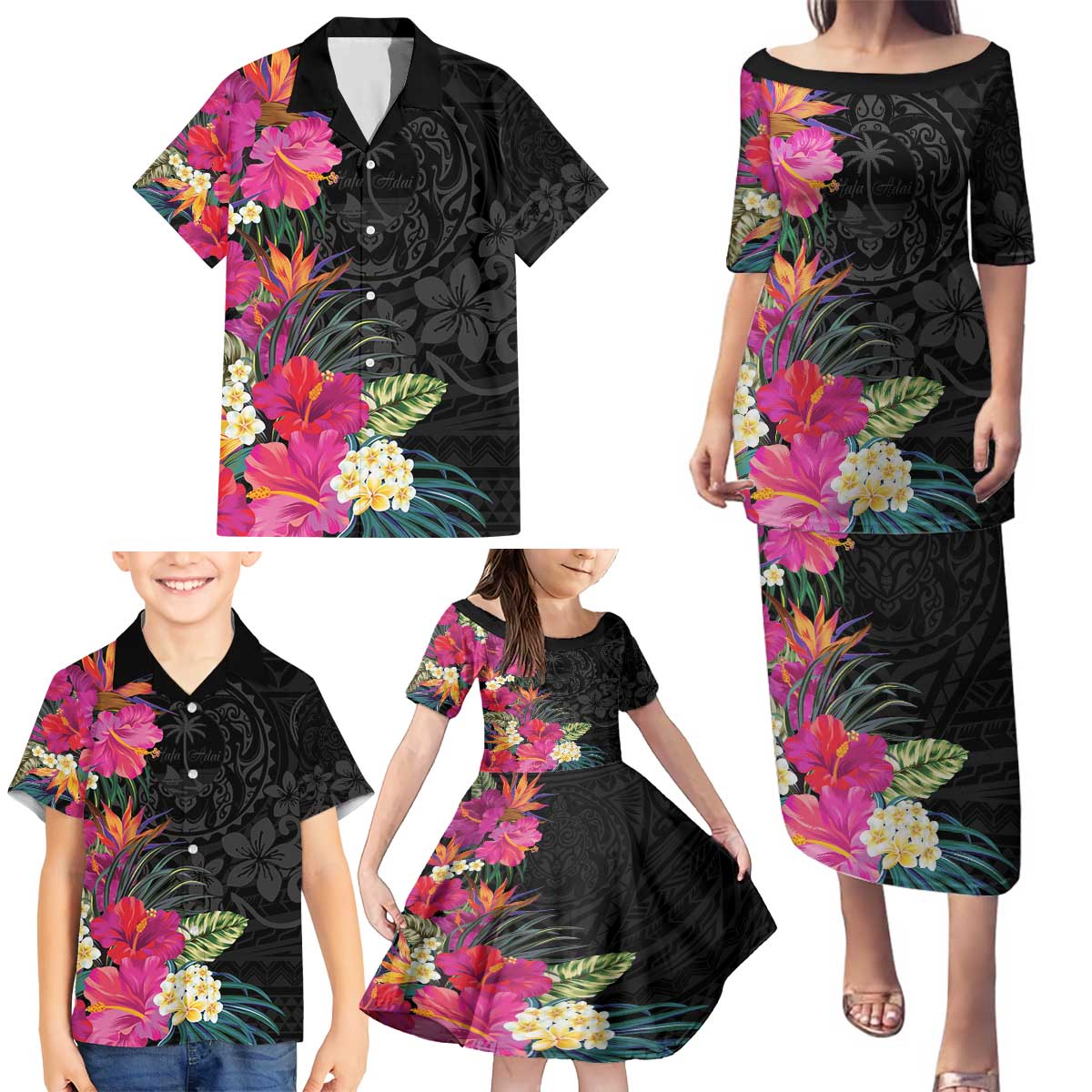 Hafa Adai Guam Family Matching Puletasi and Hawaiian Shirt Tropical Flowers Colorful Vibes