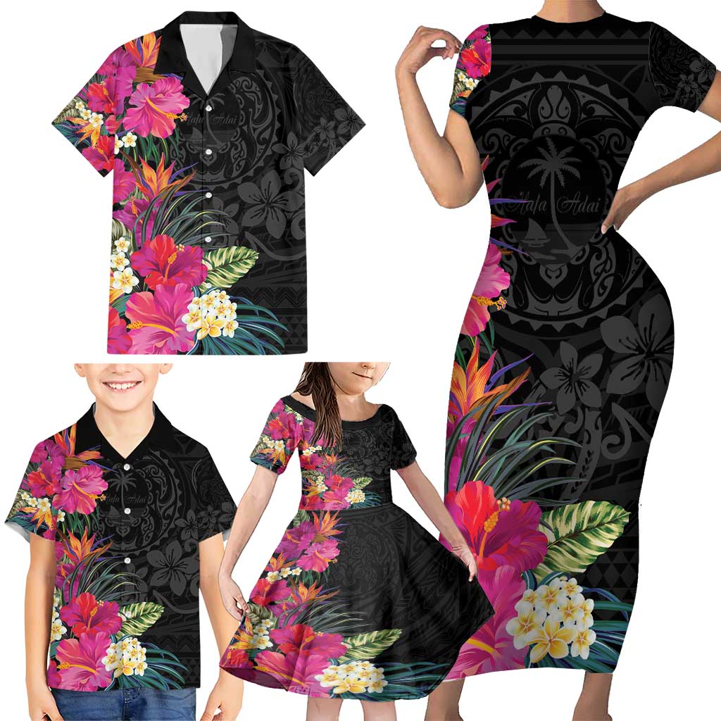 Hafa Adai Guam Family Matching Short Sleeve Bodycon Dress and Hawaiian Shirt Tropical Flowers Colorful Vibes