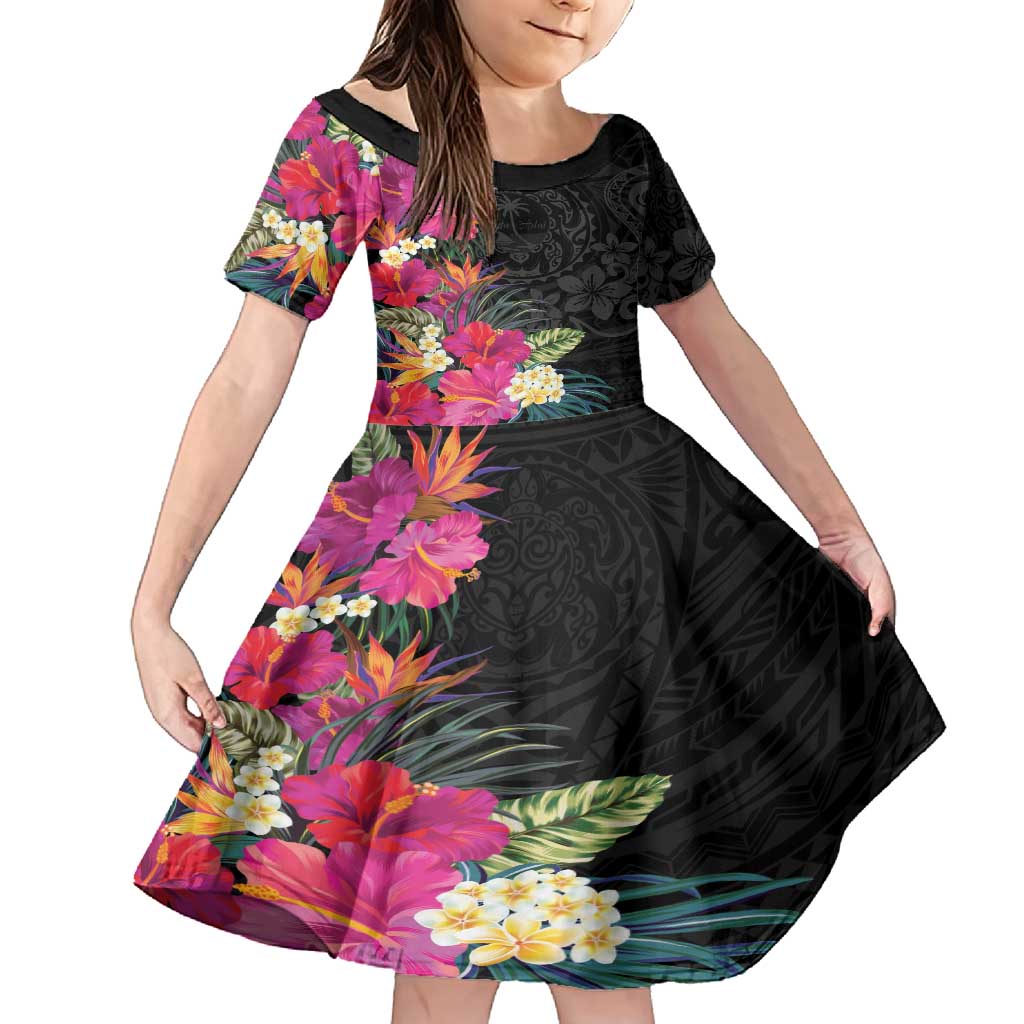 Hafa Adai Guam Family Matching Summer Maxi Dress and Hawaiian Shirt Tropical Flowers Colorful Vibes LT9 Daughter's Dress Black - Polynesian Pride