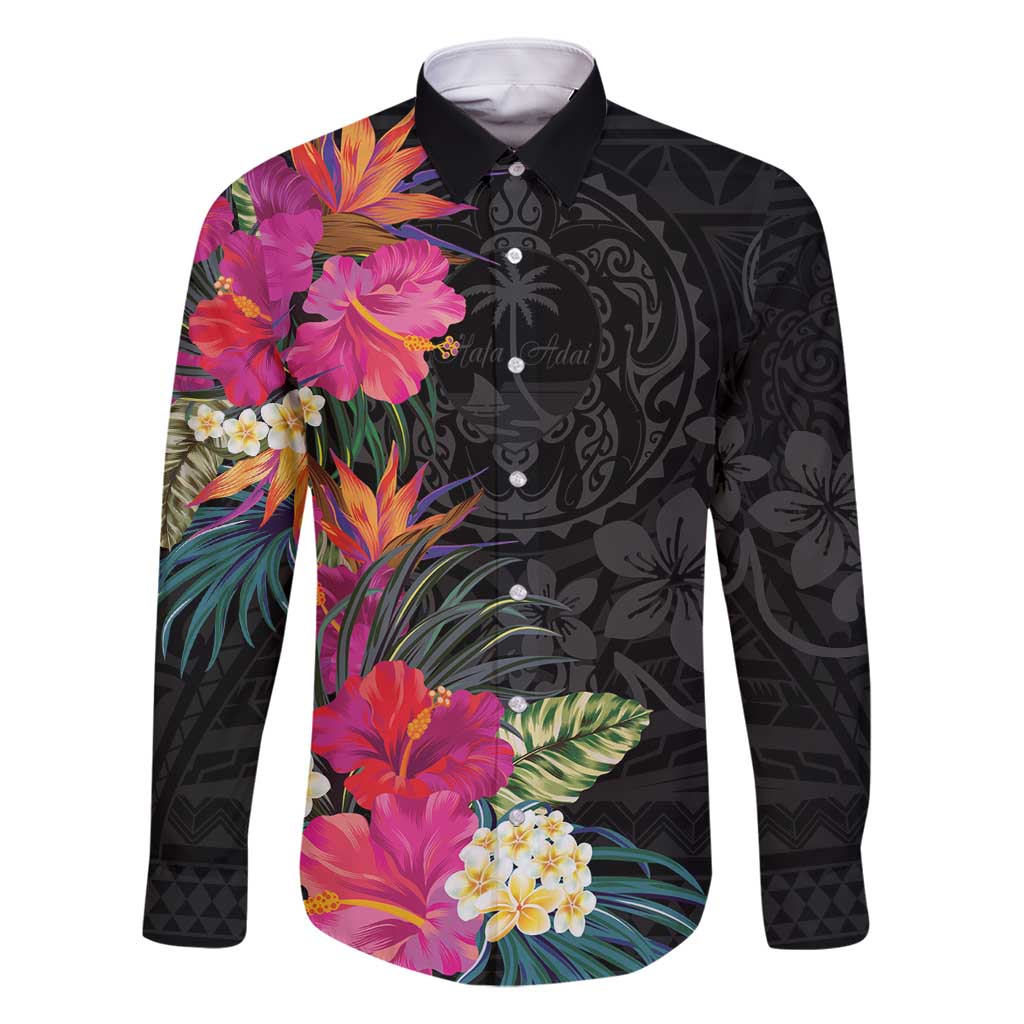 Hafa Adai Guam Family Matching Summer Maxi Dress and Hawaiian Shirt Tropical Flowers Colorful Vibes LT9 Dad's Shirt - Long Sleeve Black - Polynesian Pride