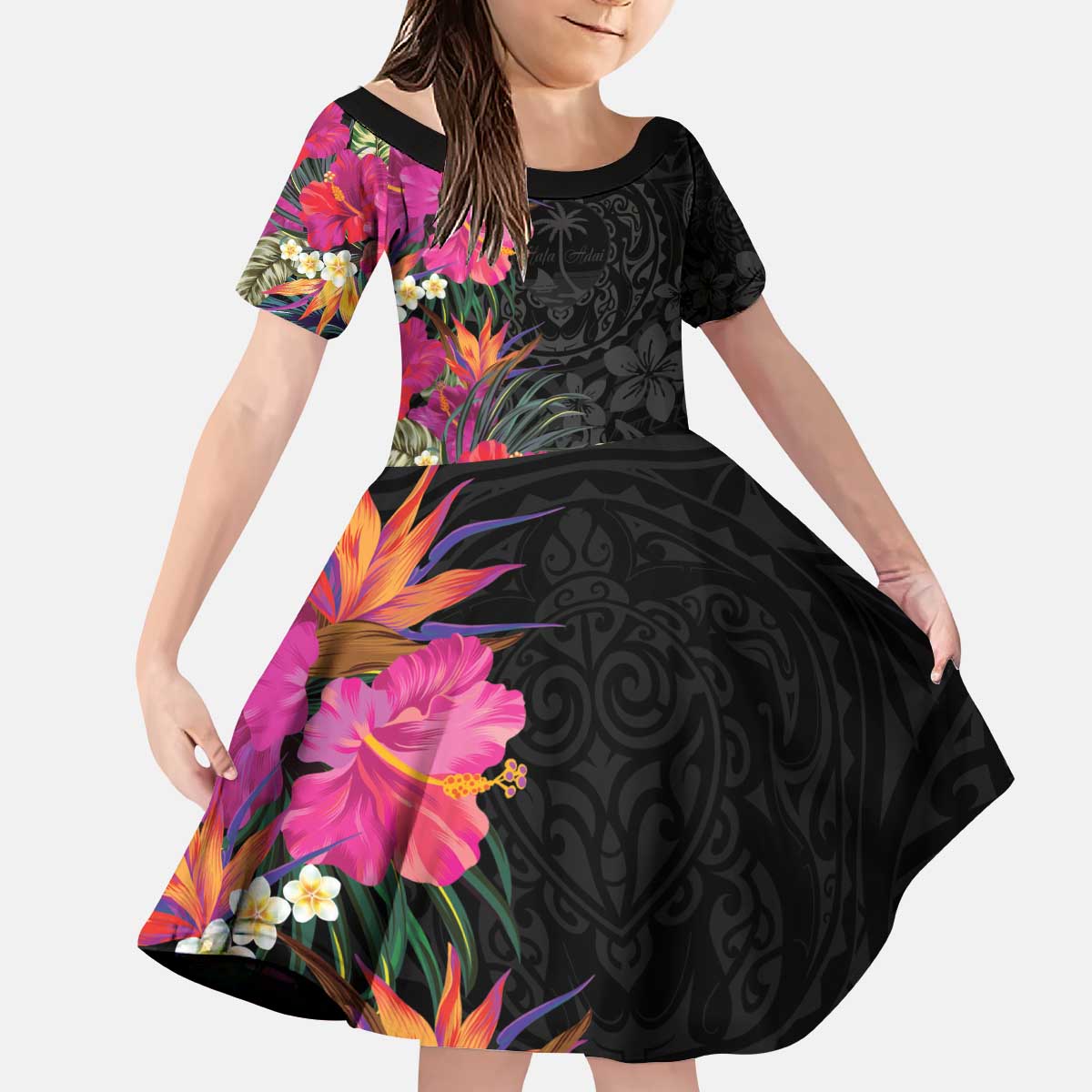 Hafa Adai Guam Kid Short Sleeve Dress Tropical Flowers Colorful Vibes