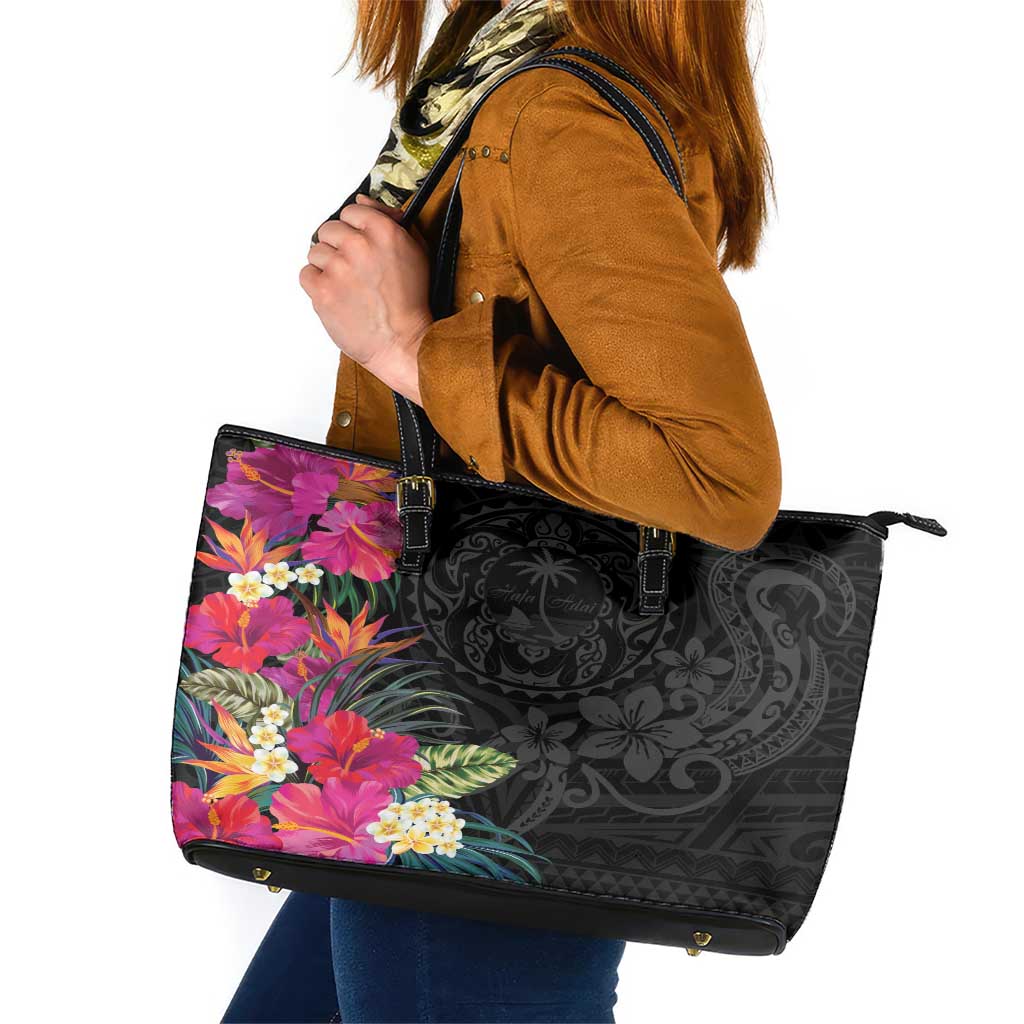 Hafa Adai Guam Leather Tote Bag Tropical Flowers Colorful Vibes LT9 Black - Polynesian Pride