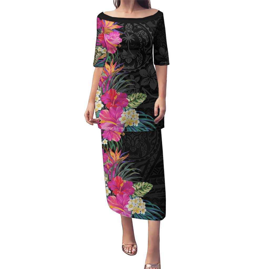 Hafa Adai Guam Puletasi Tropical Flowers Colorful Vibes LT9 Long Dress Black - Polynesian Pride