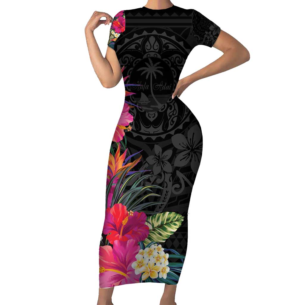 Hafa Adai Guam Short Sleeve Bodycon Dress Tropical Flowers Colorful Vibes