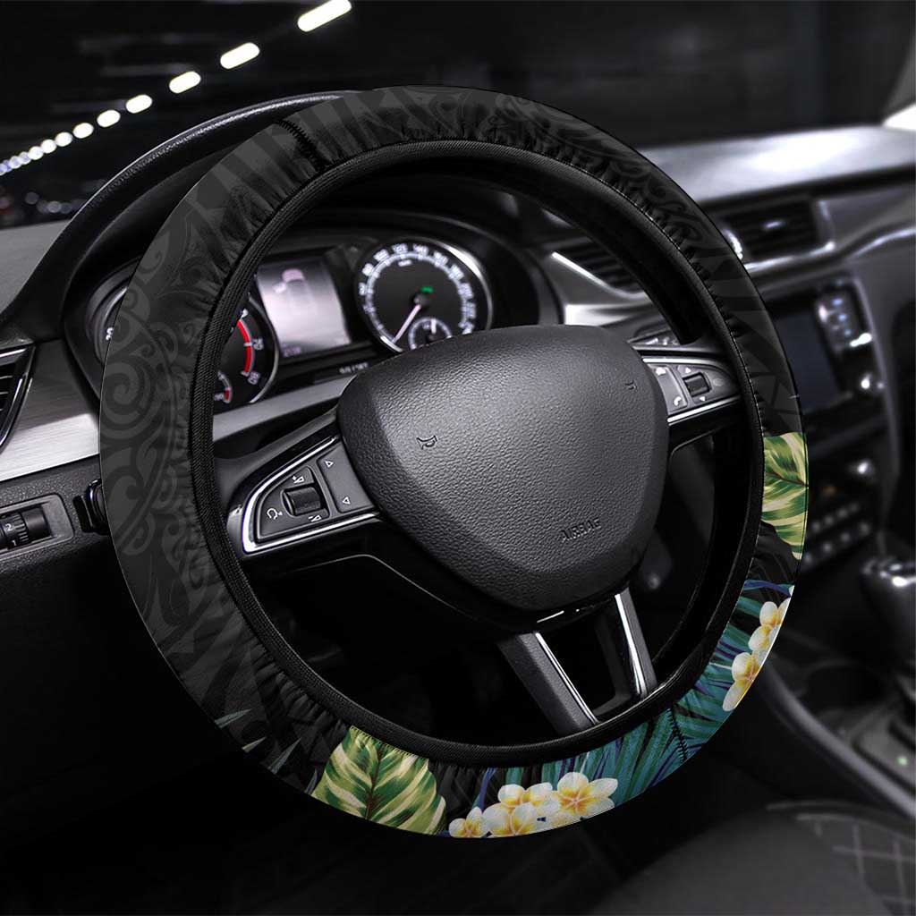 Hafa Adai Guam Steering Wheel Cover Tropical Flowers Colorful Vibes LT9 Universal Fit Black - Polynesian Pride