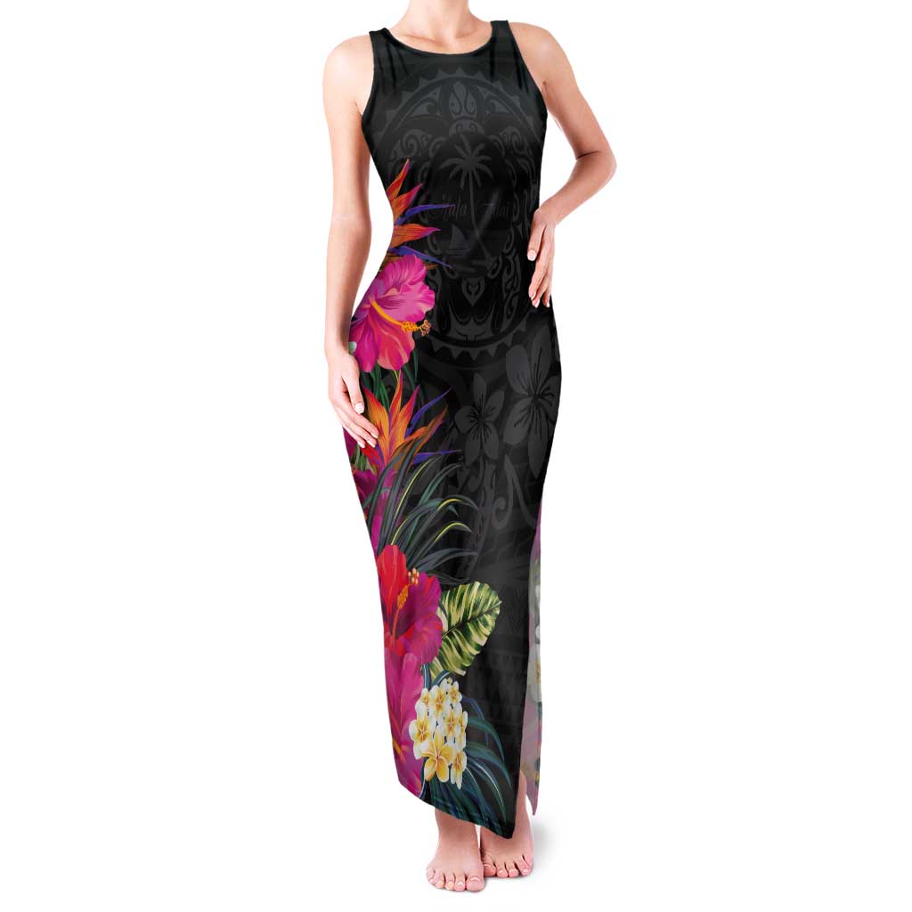 Hafa Adai Guam Tank Maxi Dress Tropical Flowers Colorful Vibes LT9 Women Black - Polynesian Pride