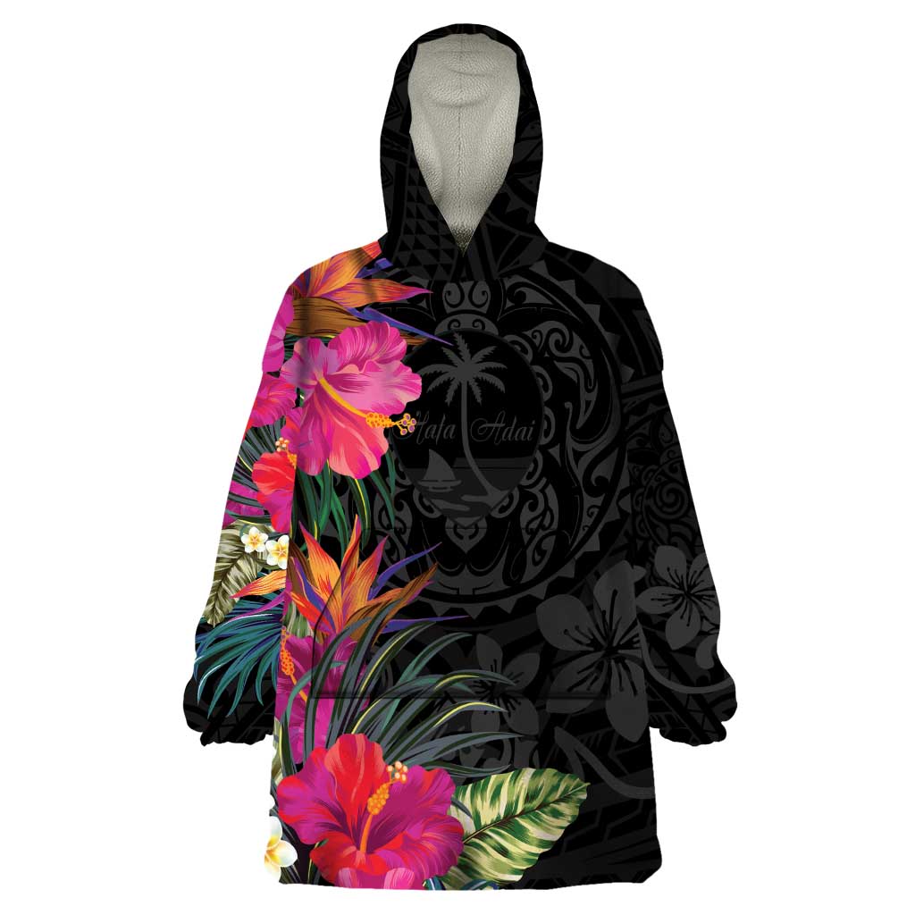 Hafa Adai Guam Wearable Blanket Hoodie Tropical Flowers Colorful Vibes LT9 One Size Black - Polynesian Pride