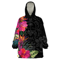 Hafa Adai Guam Wearable Blanket Hoodie Tropical Flowers Colorful Vibes LT9 One Size Black - Polynesian Pride
