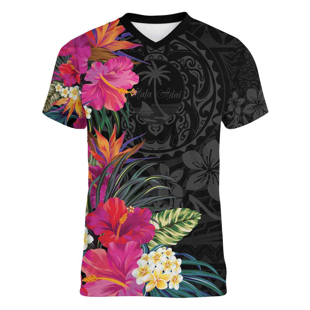 Hafa Adai Guam Women V-Neck T-Shirt Tropical Flowers Colorful Vibes