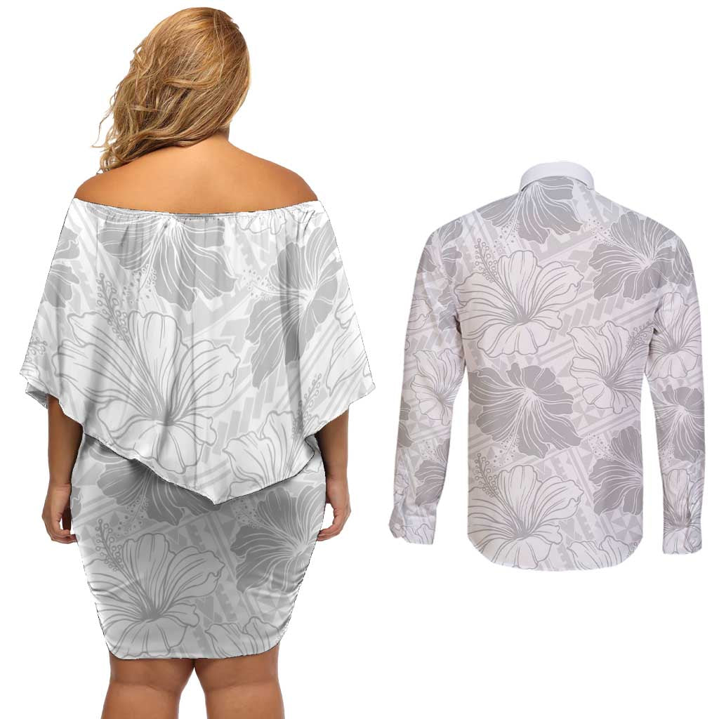 Samoa Lotu Tamaiti Couples Matching Off Shoulder Short Dress and Long Sleeve Button Shirt White Sun Day Beauty Hibiscus Ver01
