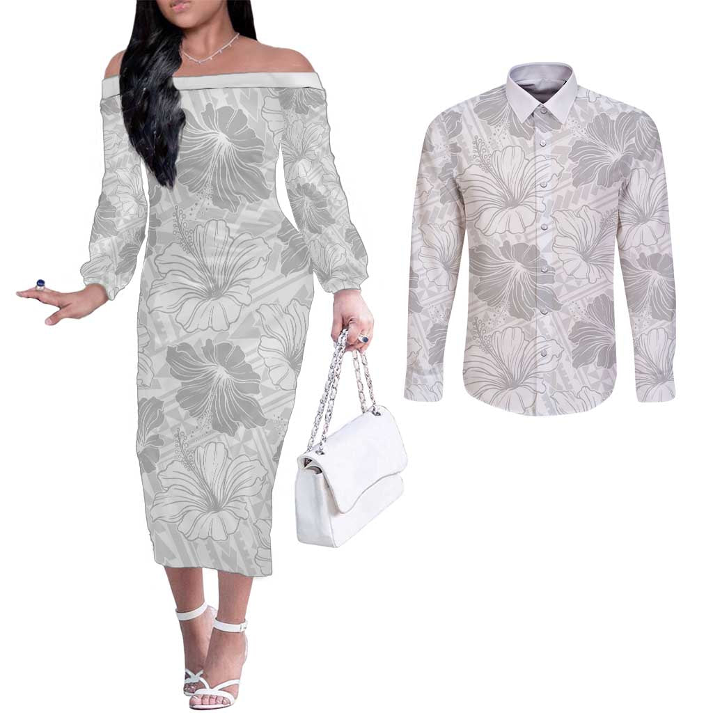 Samoa Lotu Tamaiti Couples Matching Off The Shoulder Long Sleeve Dress and Long Sleeve Button Shirt White Sun Day Beauty Hibiscus Ver01