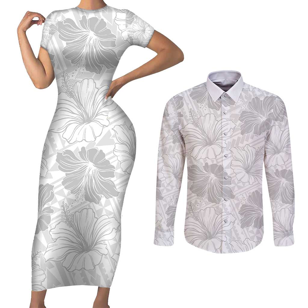 Samoa Lotu Tamaiti Couples Matching Short Sleeve Bodycon Dress and Long Sleeve Button Shirt White Sun Day Beauty Hibiscus Ver01