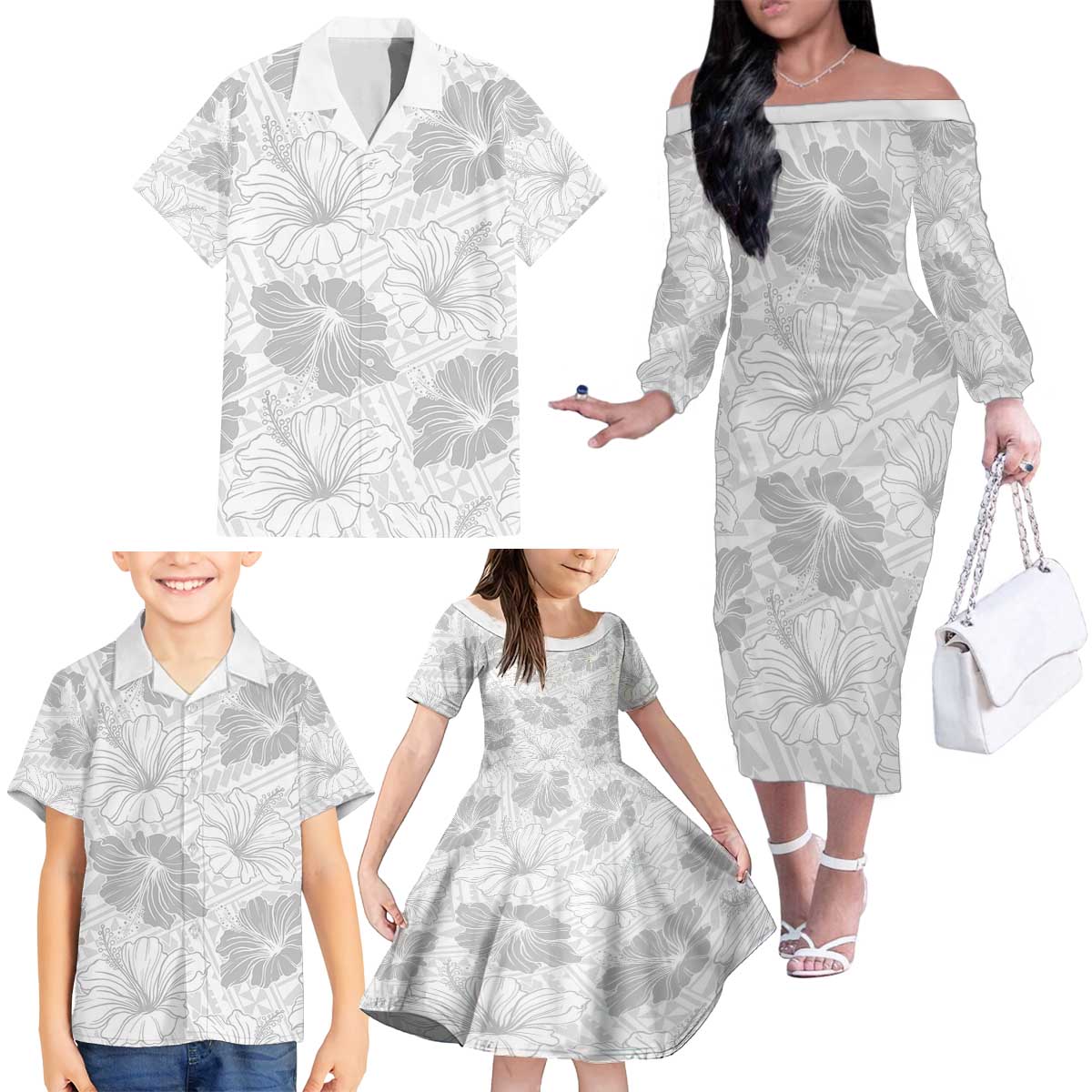 Samoa Lotu Tamaiti Family Matching Off The Shoulder Long Sleeve Dress and Hawaiian Shirt White Sun Day Beauty Hibiscus Ver01