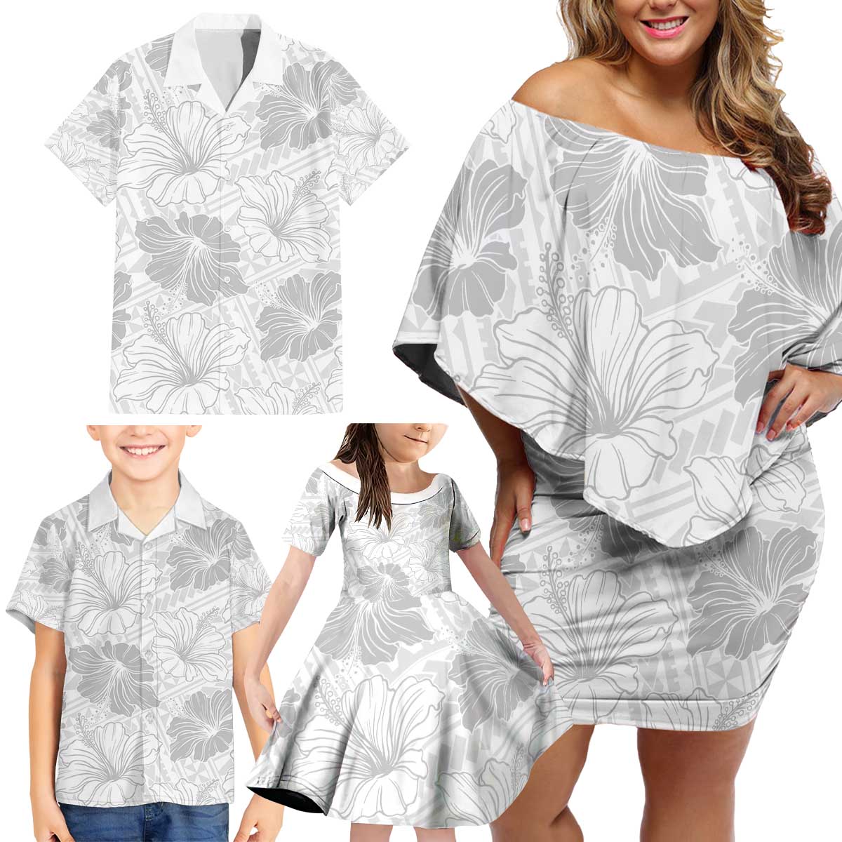 Samoa Lotu Tamaiti Family Matching Off Shoulder Short Dress and Hawaiian Shirt White Sun Day Beauty Hibiscus Ver01