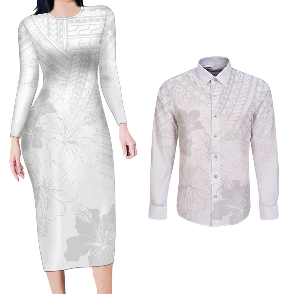 Samoa Lotu Tamaiti Couples Matching Long Sleeve Bodycon Dress and Long Sleeve Button Shirt White Sun Day Beauty Hibiscus Ver02