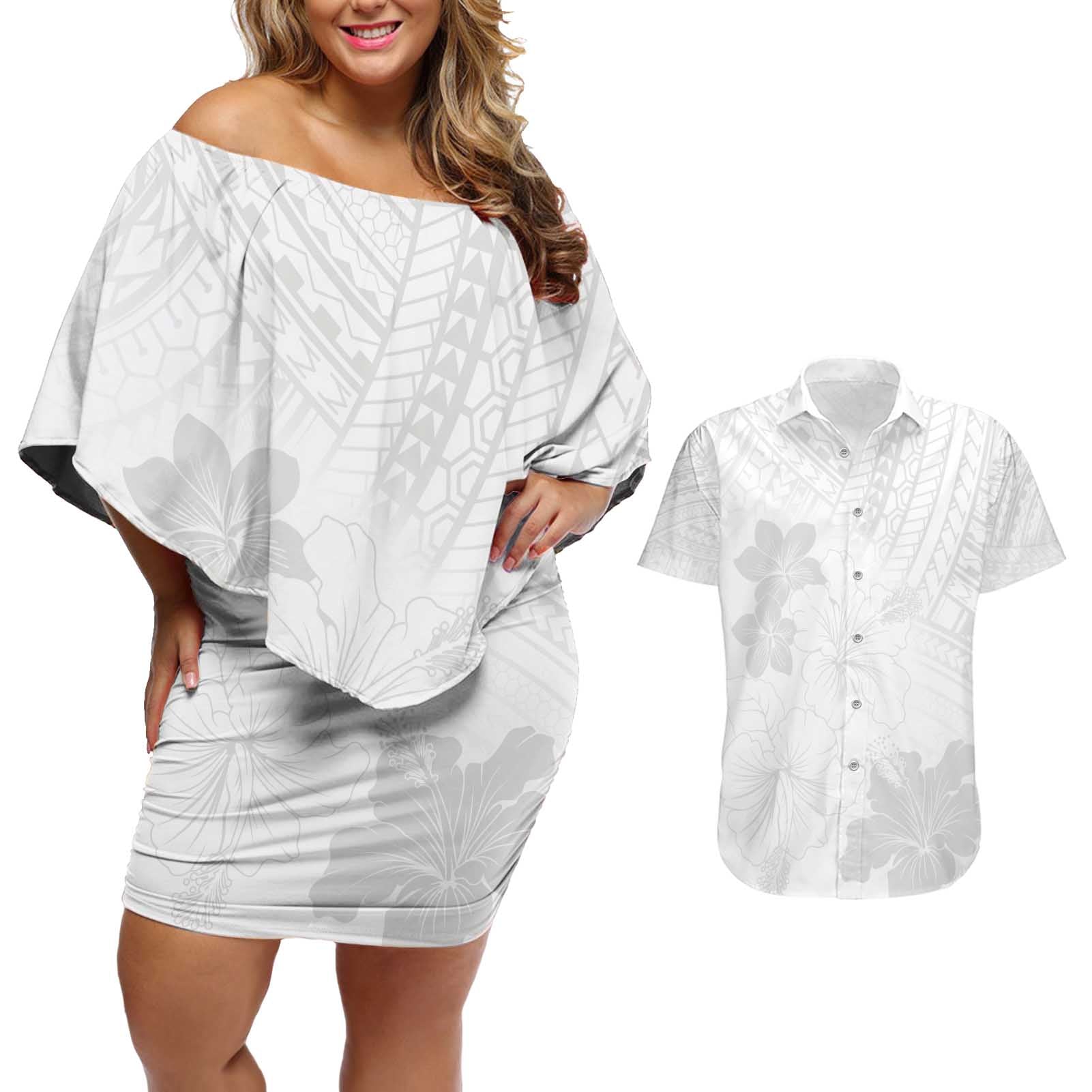 Samoa Lotu Tamaiti Couples Matching Off Shoulder Short Dress and Hawaiian Shirt White Sun Day Beauty Hibiscus Ver02