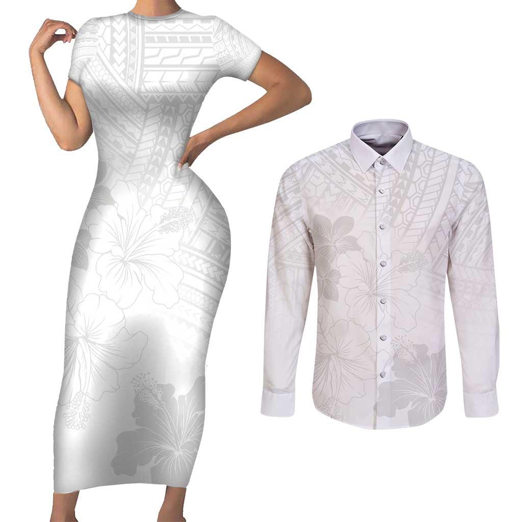 Samoa Lotu Tamaiti Couples Matching Short Sleeve Bodycon Dress and Long Sleeve Button Shirt White Sun Day Beauty Hibiscus Ver02