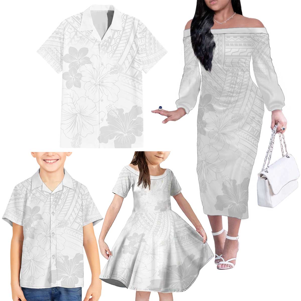 Samoa Lotu Tamaiti Family Matching Off The Shoulder Long Sleeve Dress and Hawaiian Shirt White Sun Day Beauty Hibiscus Ver02