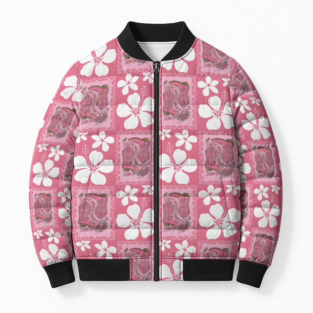 Give Cancer The Boot Pink Cowgirl Bomber Puffer Jacket Western Aloha Hibiscus Paniolo Heritage Floral LT9 Unisex Pink - Polynesian Pride