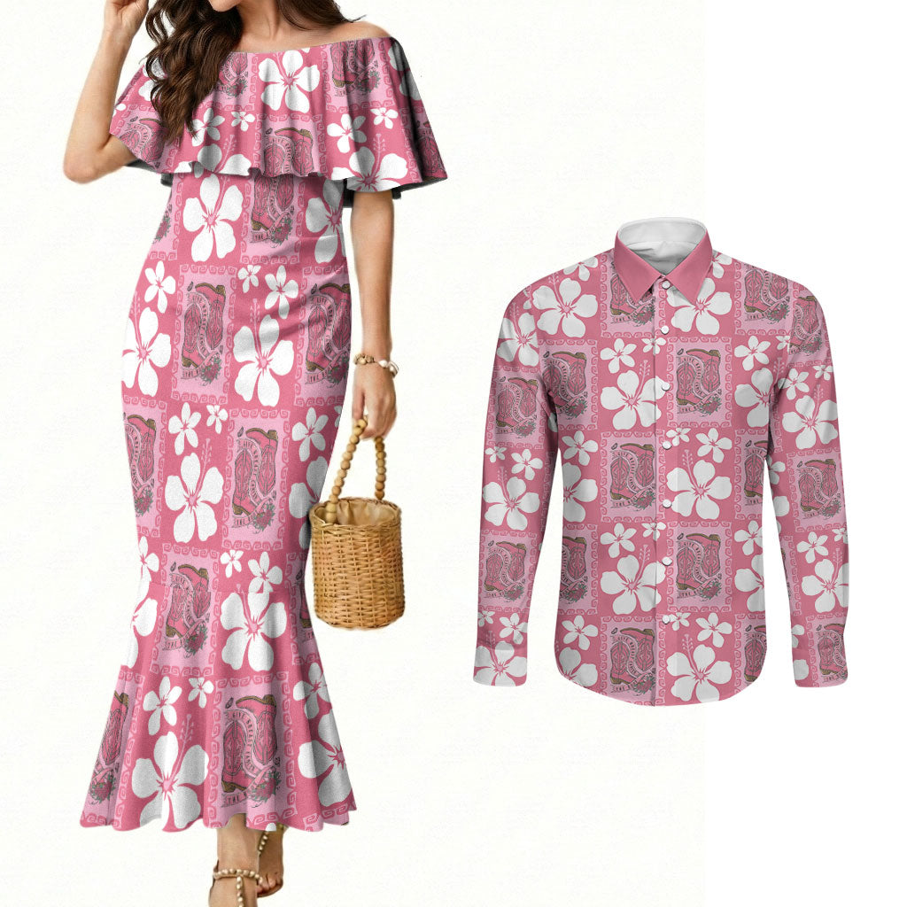 Give Cancer The Boot Pink Cowgirl Couples Matching Mermaid Dress and Long Sleeve Button Shirt Western Aloha Hibiscus Paniolo Heritage Floral