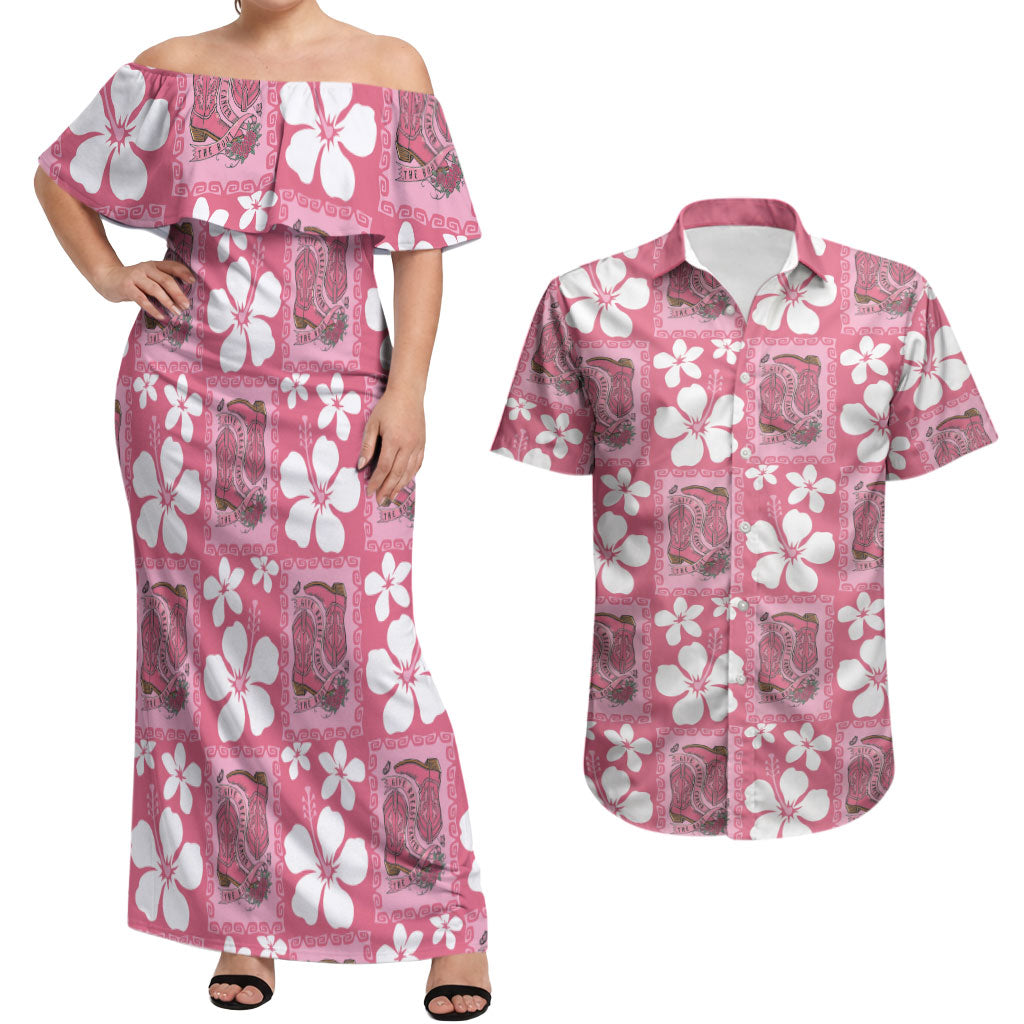 Give Cancer The Boot Pink Cowgirl Couples Matching Off Shoulder Maxi Dress and Hawaiian Shirt Western Aloha Hibiscus Paniolo Heritage Floral