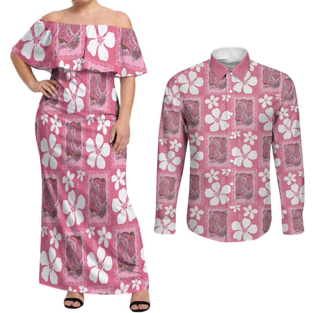 Give Cancer The Boot Pink Cowgirl Couples Matching Off Shoulder Maxi Dress and Long Sleeve Button Shirt Western Aloha Hibiscus Paniolo Heritage Floral