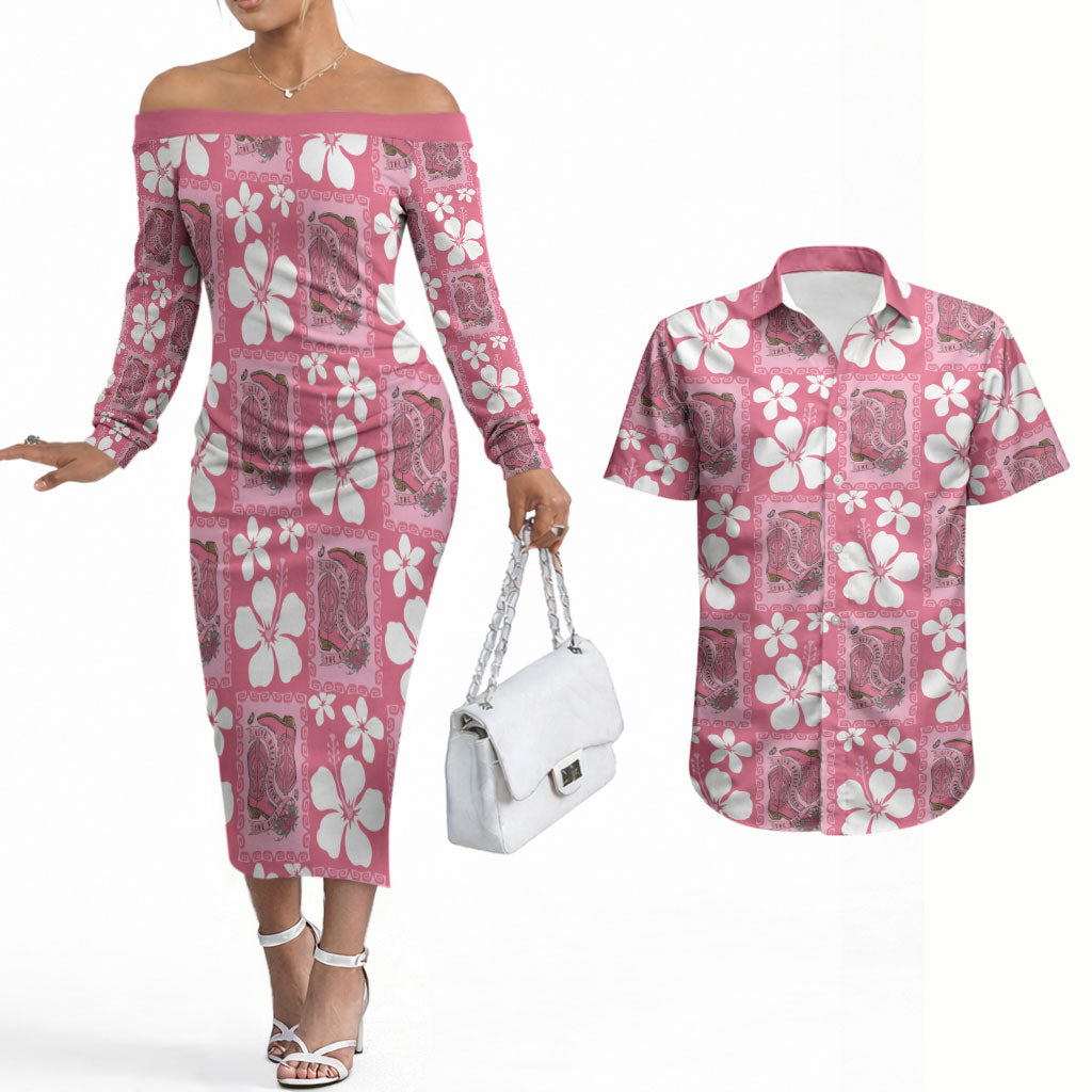 Give Cancer The Boot Pink Cowgirl Couples Matching Off The Shoulder Long Sleeve Dress and Hawaiian Shirt Western Aloha Hibiscus Paniolo Heritage Floral LT9 Pink - Polynesian Pride