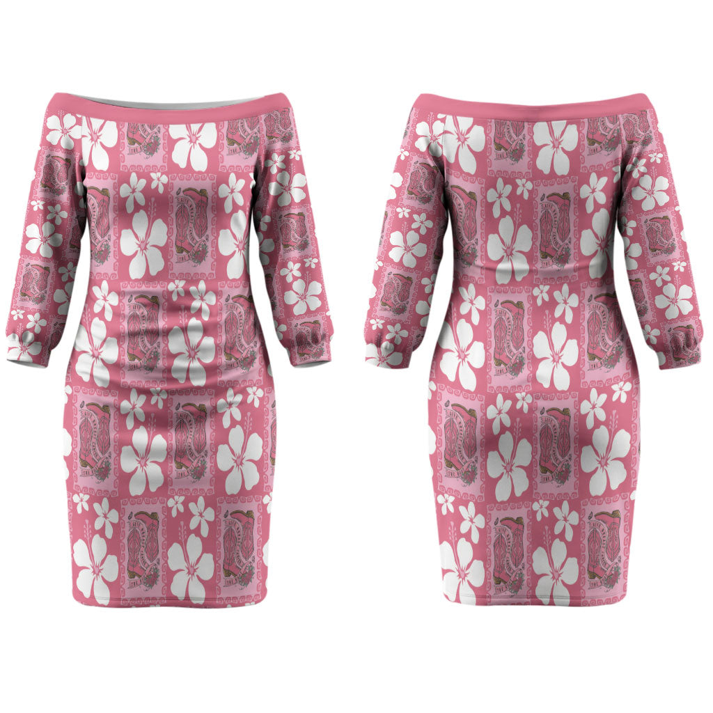 Give Cancer The Boot Pink Cowgirl Couples Matching Off The Shoulder Long Sleeve Dress and Hawaiian Shirt Western Aloha Hibiscus Paniolo Heritage Floral LT9 - Polynesian Pride