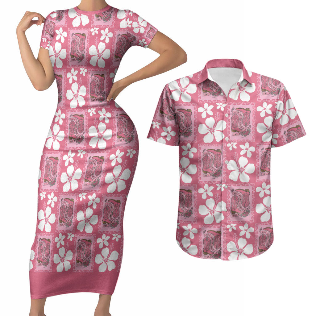 Give Cancer The Boot Pink Cowgirl Couples Matching Short Sleeve Bodycon Dress and Hawaiian Shirt Western Aloha Hibiscus Paniolo Heritage Floral LT9 Pink - Polynesian Pride