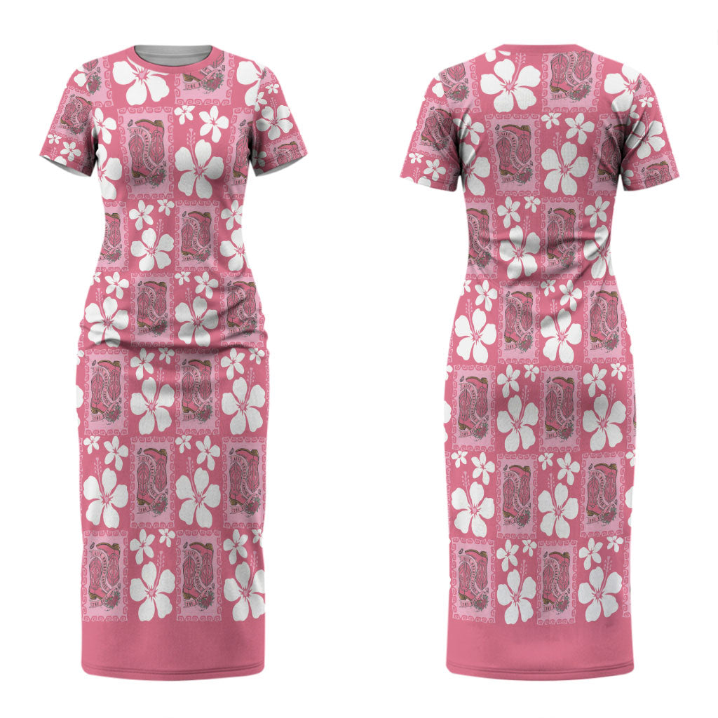 Give Cancer The Boot Pink Cowgirl Couples Matching Short Sleeve Bodycon Dress and Hawaiian Shirt Western Aloha Hibiscus Paniolo Heritage Floral LT9 - Polynesian Pride