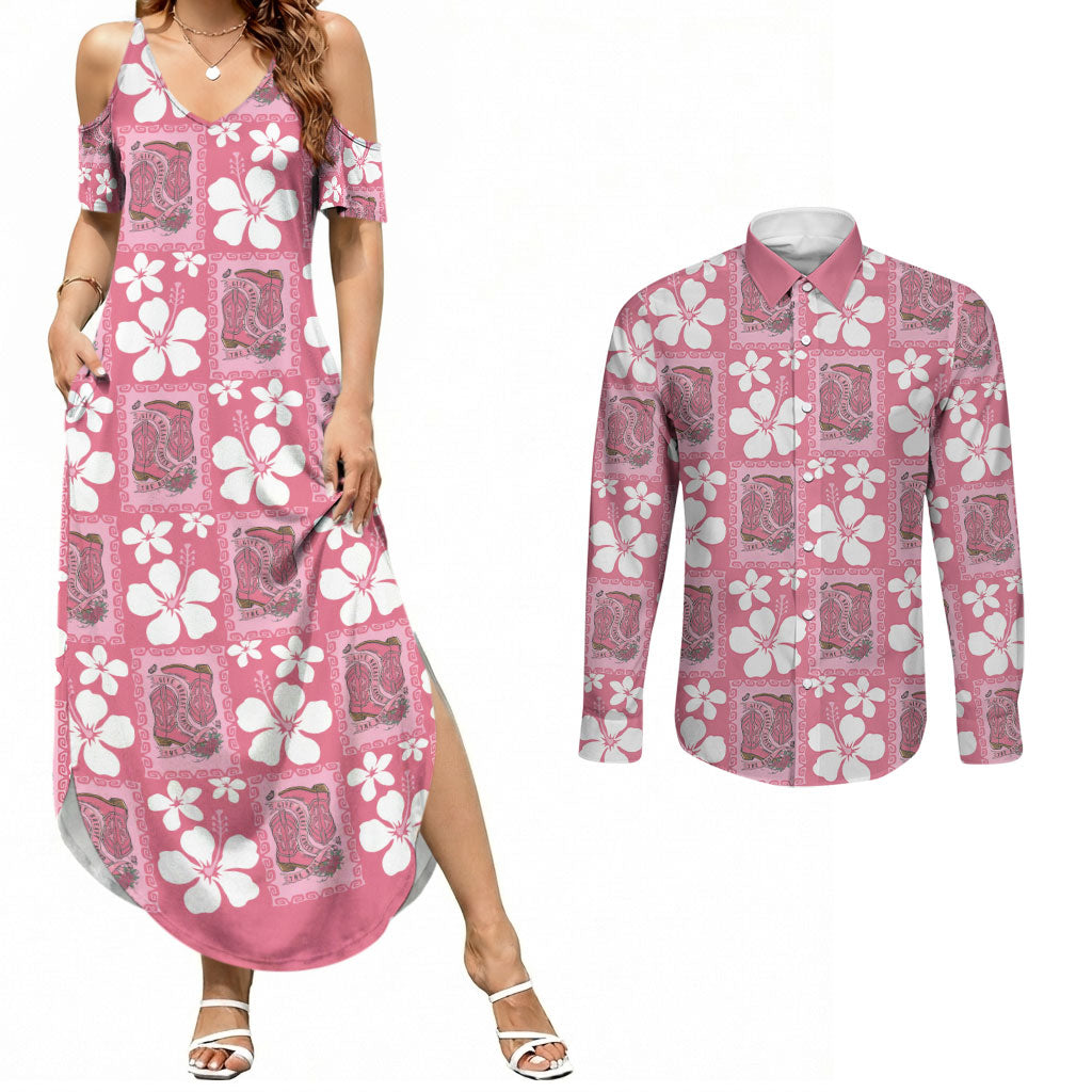 Give Cancer The Boot Pink Cowgirl Couples Matching Summer Maxi Dress and Long Sleeve Button Shirt Western Aloha Hibiscus Paniolo Heritage Floral LT9 Pink - Polynesian Pride