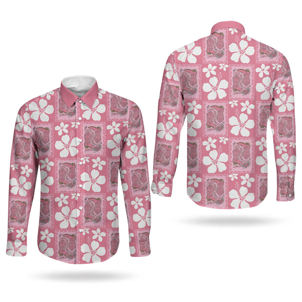 Give Cancer The Boot Pink Cowgirl Couples Matching Summer Maxi Dress and Long Sleeve Button Shirt Western Aloha Hibiscus Paniolo Heritage Floral LT9 - Polynesian Pride
