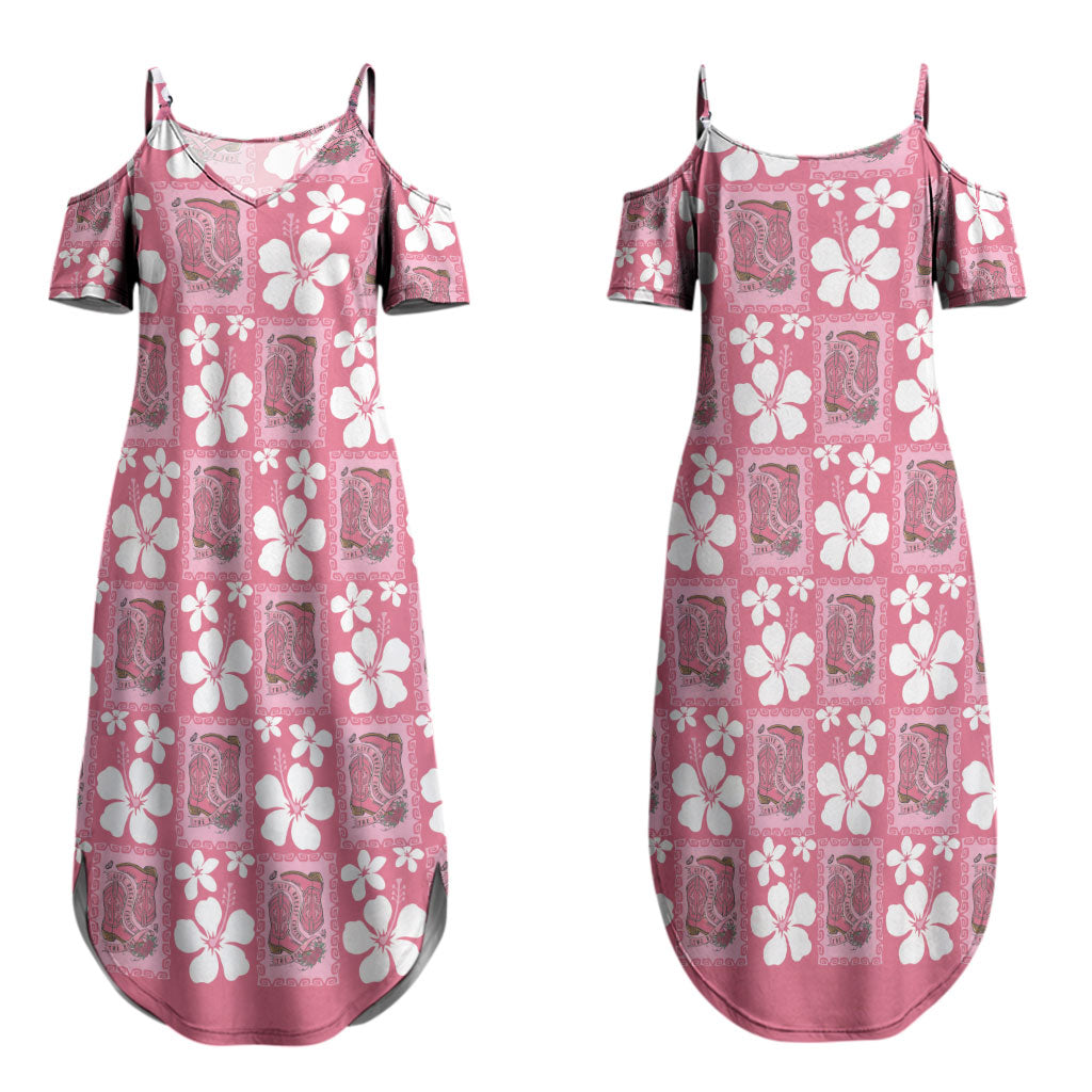 Give Cancer The Boot Pink Cowgirl Couples Matching Summer Maxi Dress and Long Sleeve Button Shirt Western Aloha Hibiscus Paniolo Heritage Floral LT9 - Polynesian Pride