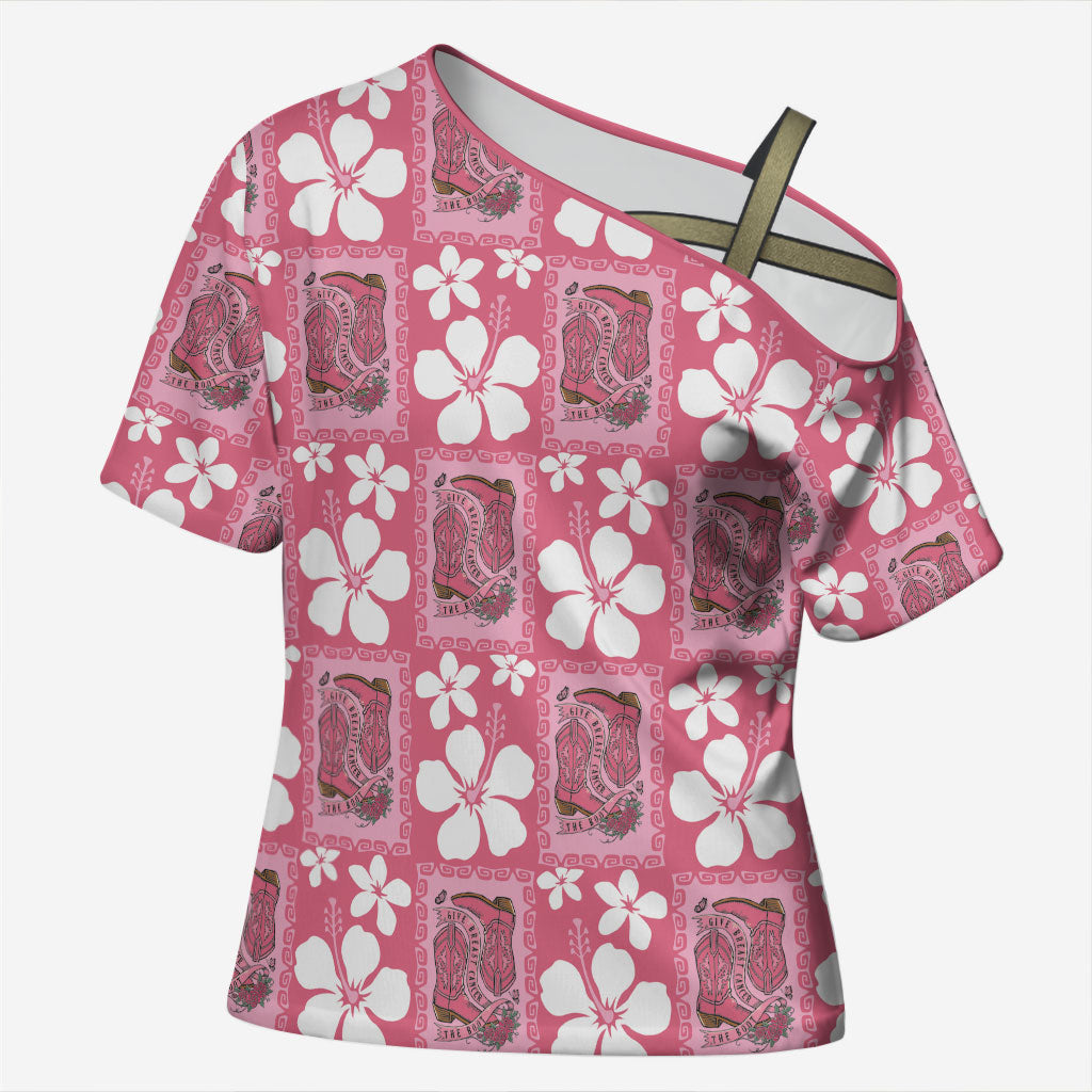 Give Cancer The Boot Pink Cowgirl Cross Shoulder Shirt Western Aloha Hibiscus Paniolo Heritage Floral