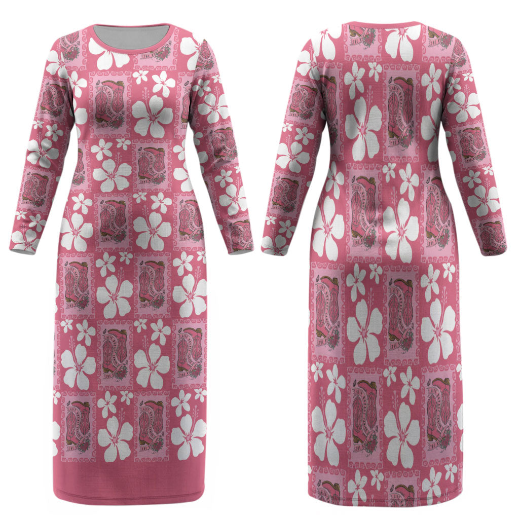 Give Cancer The Boot Pink Cowgirl Family Matching Long Sleeve Bodycon Dress and Hawaiian Shirt Western Aloha Hibiscus Paniolo Heritage Floral LT9 Mom's Dress Pink - Polynesian Pride