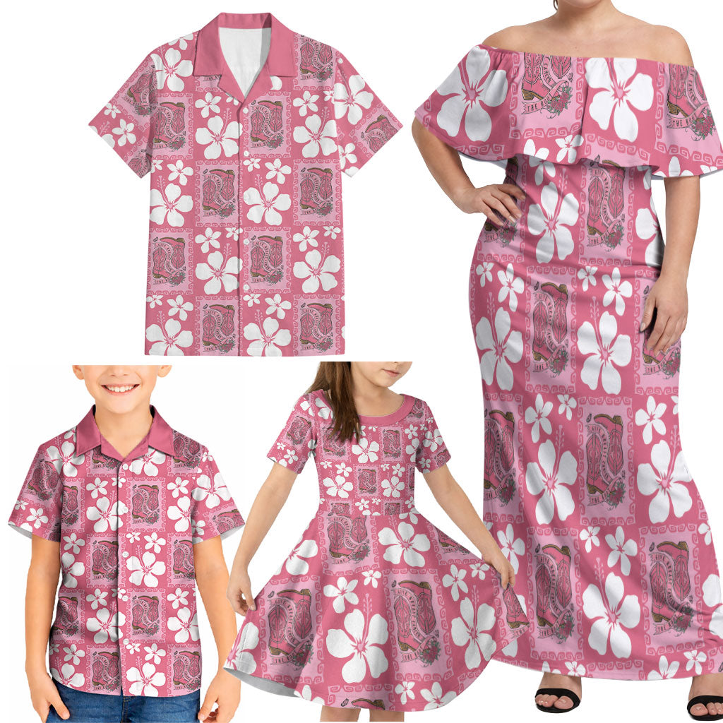 Give Cancer The Boot Pink Cowgirl Family Matching Off Shoulder Maxi Dress and Hawaiian Shirt Western Aloha Hibiscus Paniolo Heritage Floral