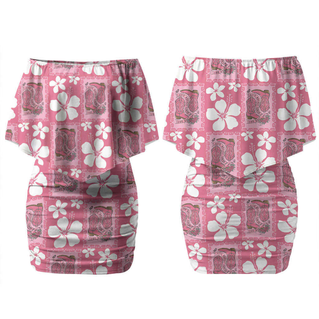 Give Cancer The Boot Pink Cowgirl Family Matching Off Shoulder Short Dress and Hawaiian Shirt Western Aloha Hibiscus Paniolo Heritage Floral LT9 Mom's Dress Pink - Polynesian Pride