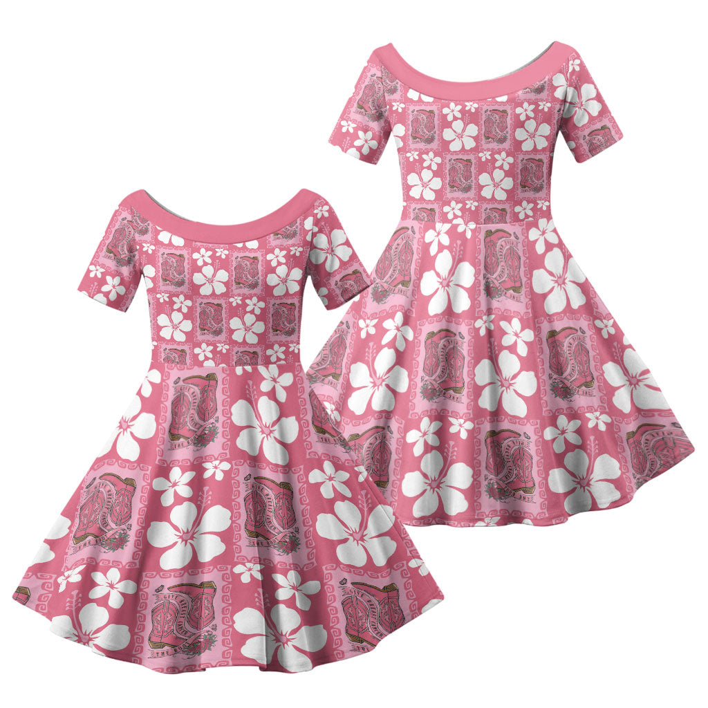 Give Cancer The Boot Pink Cowgirl Family Matching Off Shoulder Short Dress and Hawaiian Shirt Western Aloha Hibiscus Paniolo Heritage Floral LT9 Daughter's Dress Pink - Polynesian Pride